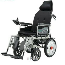 Electric powered wheelchair with adjustable headrest. Foldable and lightweight