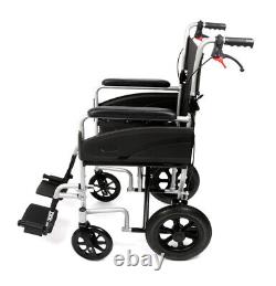 Lightweight folding aluminium transit wheelchair, compact, attendant brakes