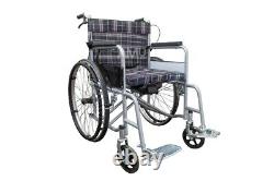 Lightweight folding deluxe travel wheelchair, with handbrakes, bedpan-seat, tartan