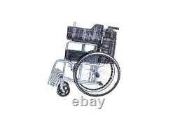 Lightweight folding deluxe travel wheelchair, with handbrakes, bedpan-seat, tartan