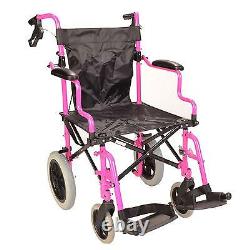 Pink Lightweight folding deluxe travel wheelchair in a bag with handbrakes