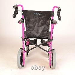 Pink Lightweight folding deluxe travel wheelchair in a bag with handbrakes